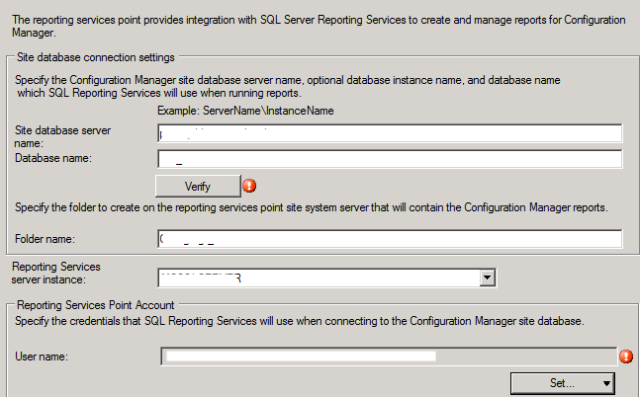 filling in details for the specify sccm 2012 page